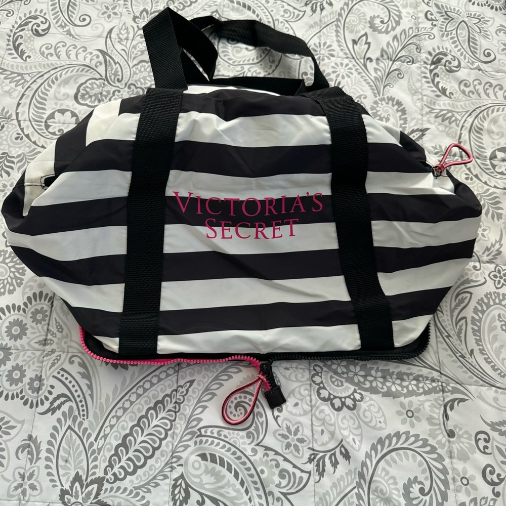 Victoria’s Secret Packable Weekender Tote Bag pink, black & white stripes